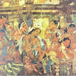 King and Queen palace scene Original Antique Vintage Fine Art INDIA Print Poster Ajanta Caves Wall Painting 1950’s Italy Printed Collectible