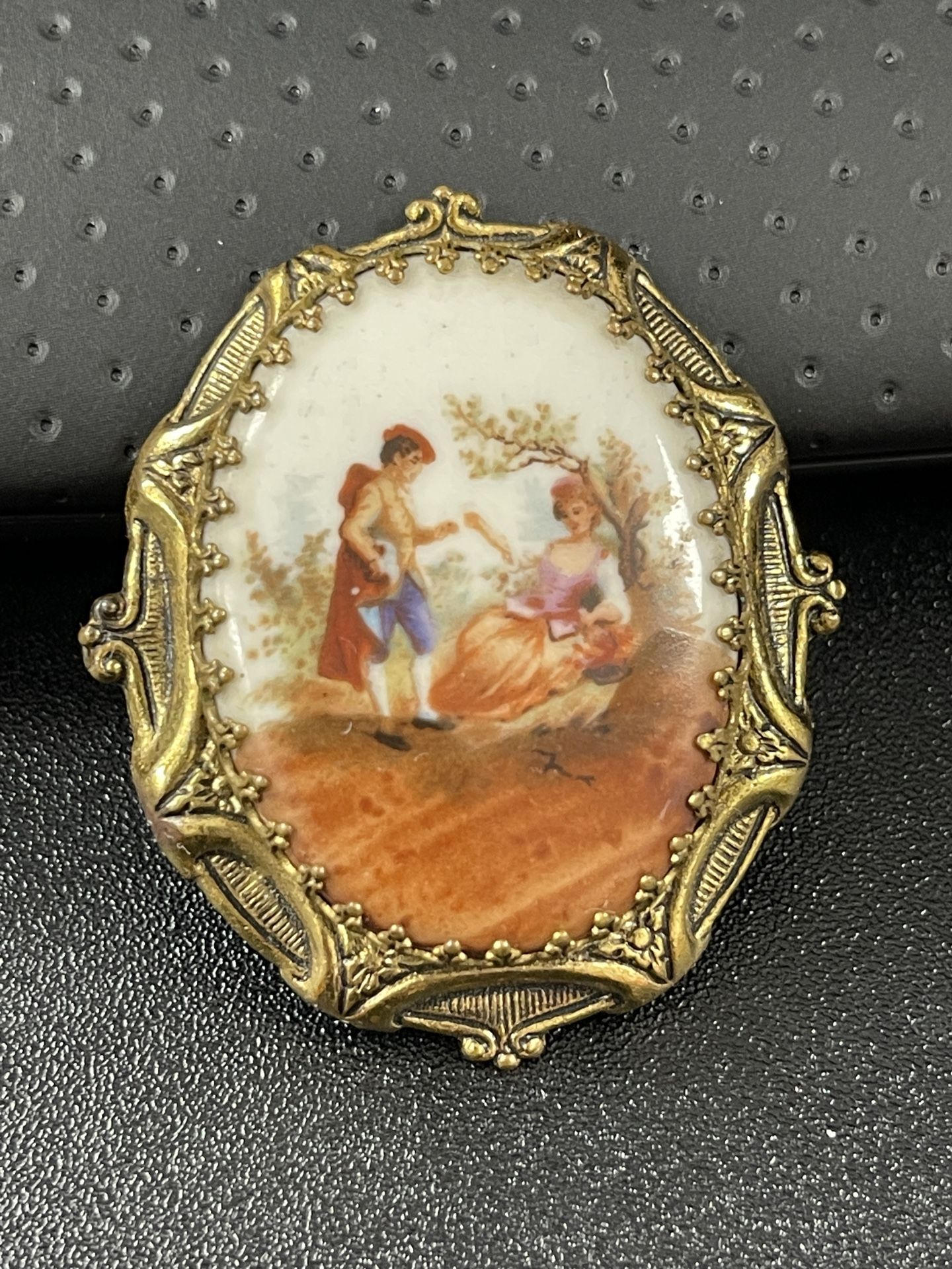 Vintage Courtship Scene Porcelain Brooch