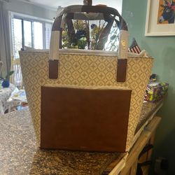 NEW Fossil Tote Bag Purse Brown Leather & Signature Canvas Large Shopper Handbag