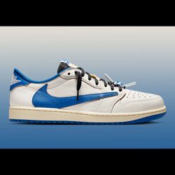 Jordan 1 Retro Low OG SP Fragment × Travis Scott Sail / Military Blue.