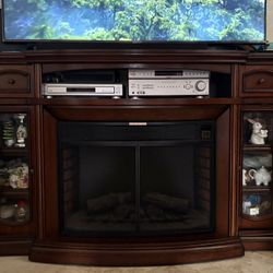 Electric Fireplace TV Stand Entertainment Center Cherry Wood w/ Glass Cabinets