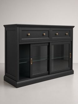 IKEA MALSJÖ Black Sideboard – Drawers + Sliding Glass  IKEA MALSJÖ Black Sideboard IKEA MALSJÖ black sideboard. Two drawers on top with brass knobs