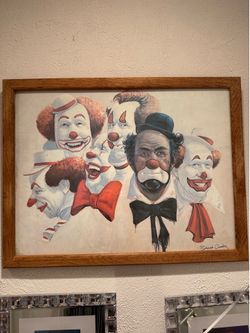 Vintage Art by Robert Owen are six Clowns frame is real oak wood