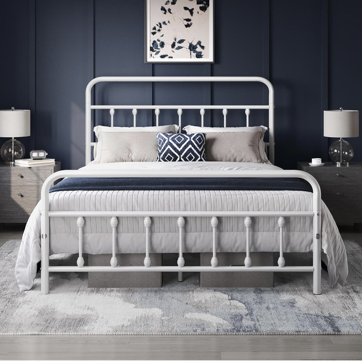 Classic Metal Platform Bed Frame Mattress Foundation with Victorian Style Iron-Art Headboard/Footboard/Under Bed Storage/No Box Spring Needed/Queen Si