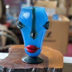 Hand Blown Blue Red Green Flower Vase Face By Astoria Artist 