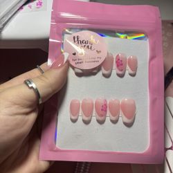 Medium coffin Pink White French Floral Press-On Nails Full Cover