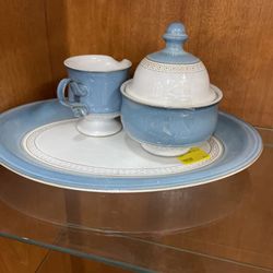 DENBY-LANGLEY Castile Creamer &Covered Sugar  With Platter Set Blue Stoneware England PRISTINE