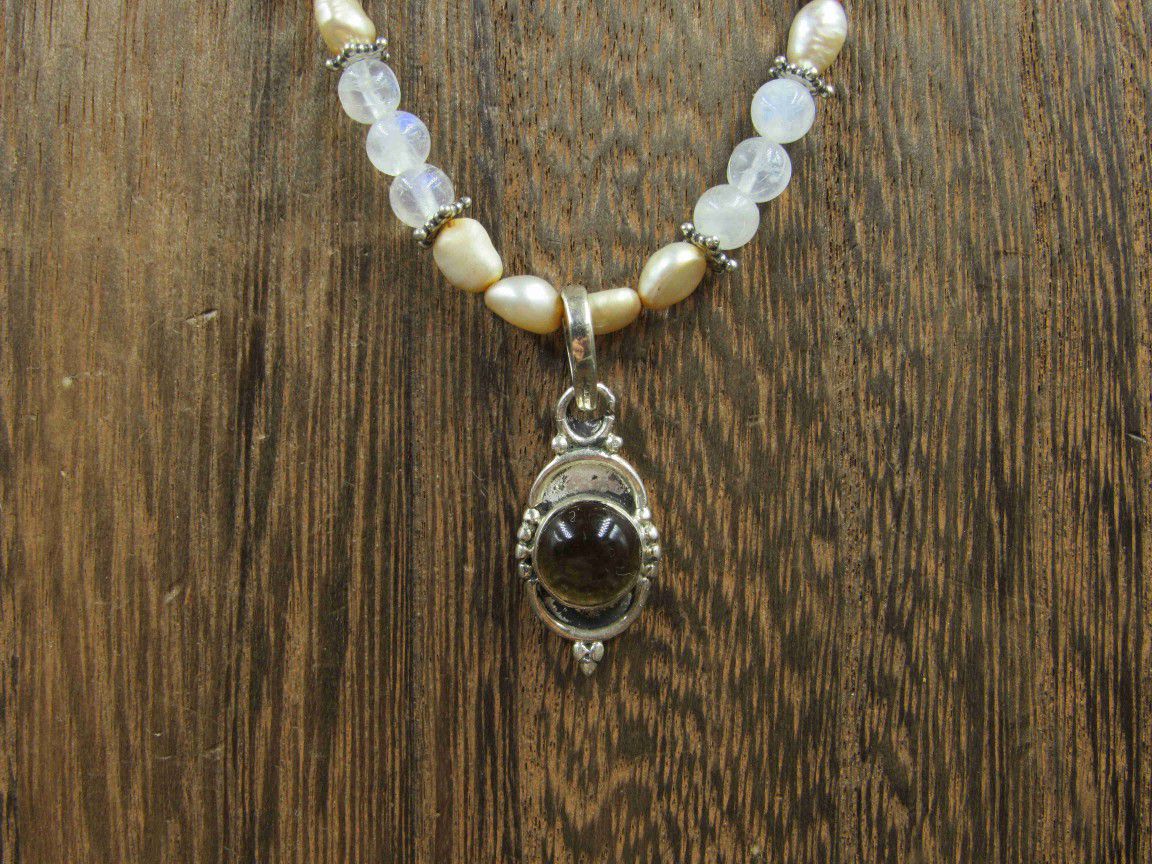16" Sterling Silver Rustic Moonstone & Cream Pearl Necklace Vintage Minimalist Everyday Beautiful Sexy Special Gift Idea Bohemian Cute
