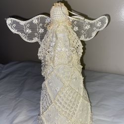 10.6” Vtg Hand Crocheted & Lace Angel holding a star Tree Topper Ornament figure