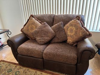 Manual Reclining Loveseat – 66” Brown Fabric & Faux Leather – Very Comfortable