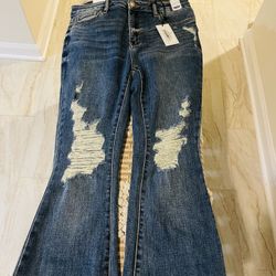 New Women’s The khloe Judy Blue Jeans Medium Wash Distressed High Rise Flare Leg Size 13/31