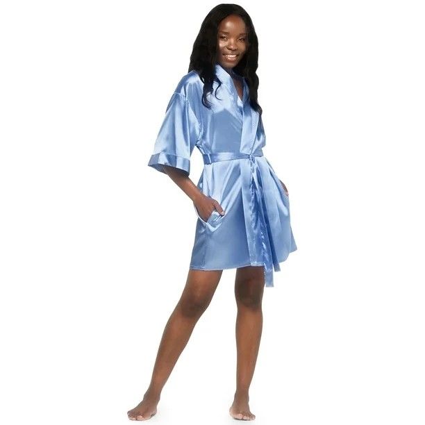 Turquaz Linen Airy Blue Satin Kimono Short Robe w Pockets Silky Womens Large NWT