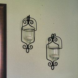 2 Wrought  Iron Sconces And 2 Pot Hanging Decor Utensil Holder Caddy 