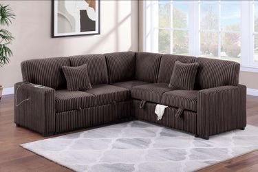 3-Pc Chocolate Corduroy Sectional Sofa With Pullout Bed And Storage