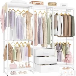 Homieasy Garment Rack Heavy Duty Clothes Rack for Hanging Clothes, Wood Clothing Rack with 3 Drawers Freestanding Closet Wardrobe, Multi-Functional Co