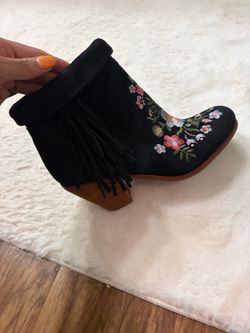 Black Suede Fringe Ankle Boot with Floral Embroidery