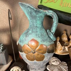 Large 15” Clay Pottery Vase with Brass Copper Flowers Ring Handle