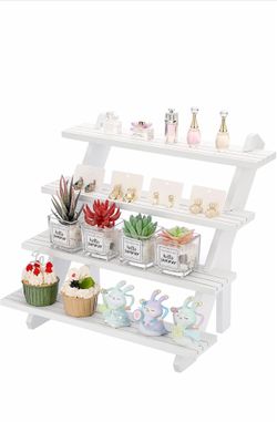 4-Tier Wooden Display Riser, Retail Jewelry Card Display Stand, Rustic White Wooden Cupcake Stand Shelves, Organizer Showcase Cascading Merchandise Or