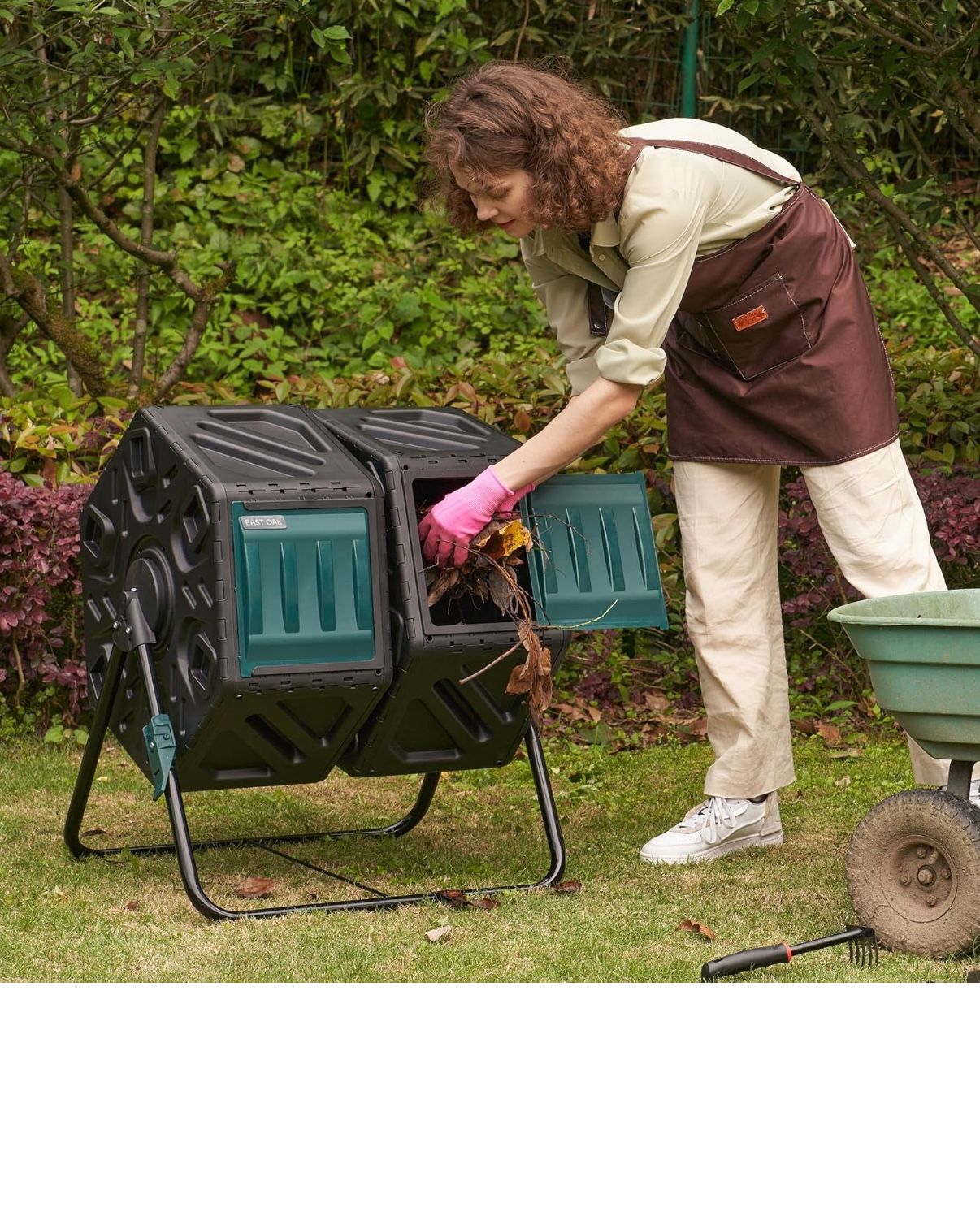 EAST OAK Dual Chamber Outdoor Compost Tumbler, 2 × 18.5 Gallon Compost Bin, Rotating Composter with Aeration and Locking System for Garden, Kitchen, Y