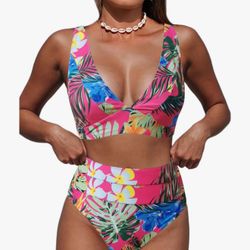 Hilinker Women's Leopard Bikini Swimsuits V Neck High Waisted 2 Piece Bathing Suits