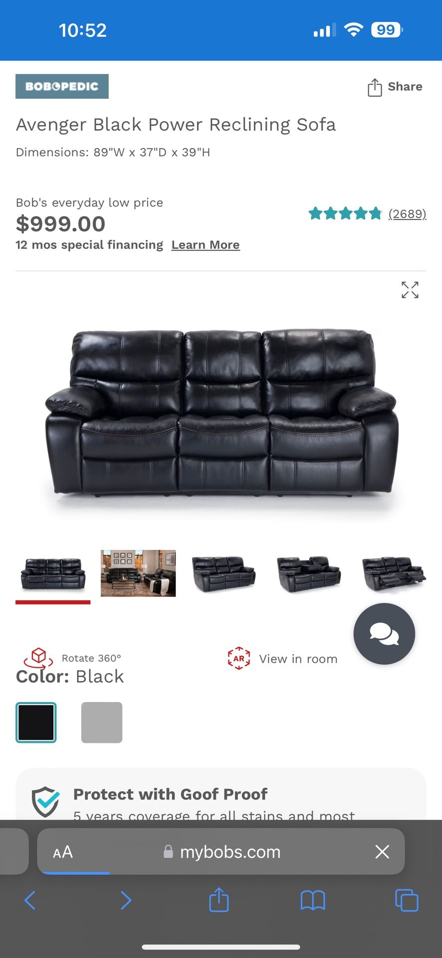 Black Power Reclining sofa