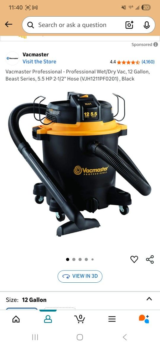 Vacmaster Professional - Professional Wet/Dry Vac, 12 Gallon, Beast Series, 5.5 HP 2-1/2" Hose (VJH1211PF0201) , Black
