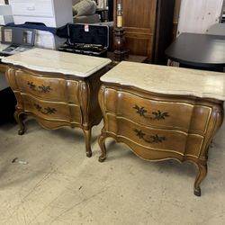 Pair Of vintage John Widdicomb bombe-style nightstands featuring a marble top - 30” x 17” x 28” - Retail: $2400