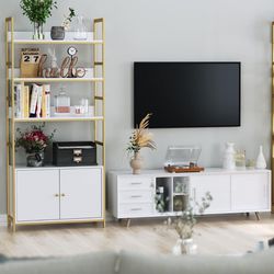 Bookshelf with 2 Cabinets, 71" White and Gold Bookshelf with Doors and Metal Frame, Free Standing Bookshelf Cabinet Display Storage Rack Shelves for B