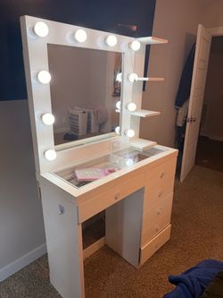 White Makeup Vanity with Lighted Mirror & Storage