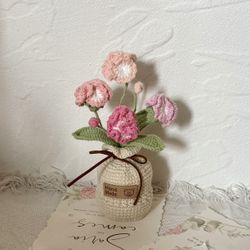 Crochet pink carnations in a crochet vase 18”x2”