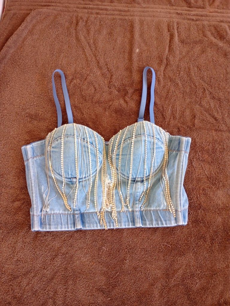 N1 Los Angeles distressed denim corset with rhinestones fringe size L