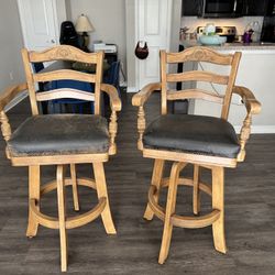 Pair of Wooden Swivel Bar Stools with Armrests