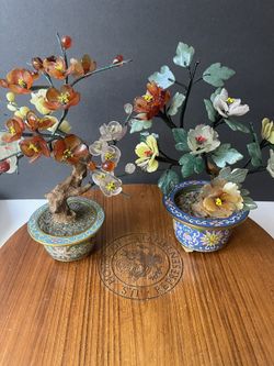 Two Chinese Antique Cloisonné With Jade Bonsai Tree