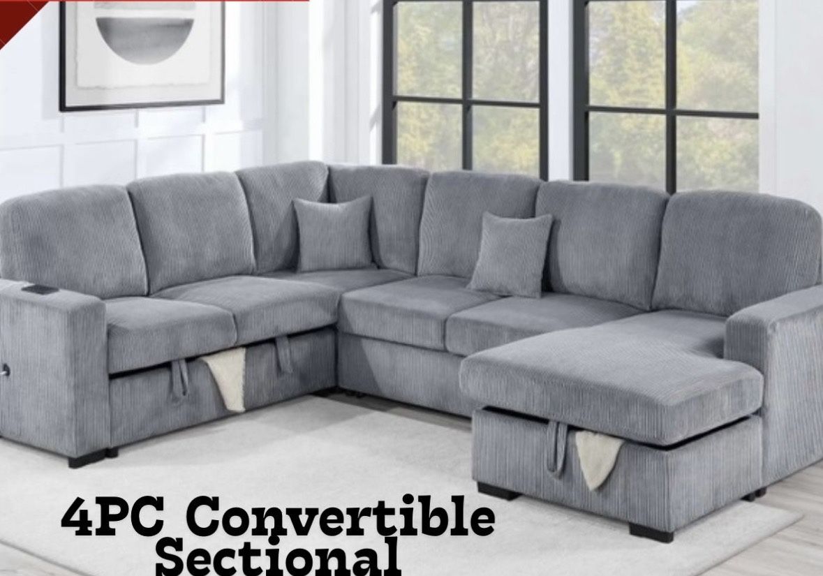 $649-4Piece Convertible Sectional  Sleeper Sofa ,Chaise Storage ,Sofa Storage & USB Ports 98” x 103” x 61” x36”H