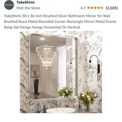 TokeShimi 30” x 36” Brushed Silver Bathroom Mirror for Wall Brushed Brass Metal Rounded Corners