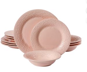 The Pioneer Woman Vintage Lace 12-Piece Ceramic Dinnerware Set, Pink