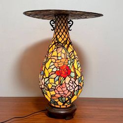 Vintage Tiffany Inspired Stained Glass Floral Design Vase Accent Table Lamp