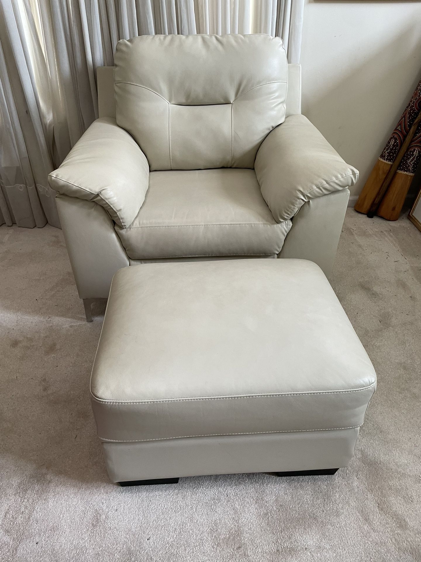 Ashley Furniture Tensas Cream Leather Chair +  Fontenot Cream Leather Ottoman