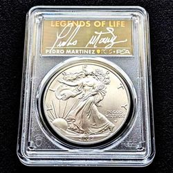 Pedro Martinez autographed 2022 American Silver Eagle 1oz fine .999 pure silver PCGS graded MS70 coin