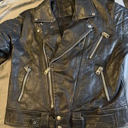 Vintage Heavy, Leather Motorcycle Jacket, Size Large With Iron Maiden Patch