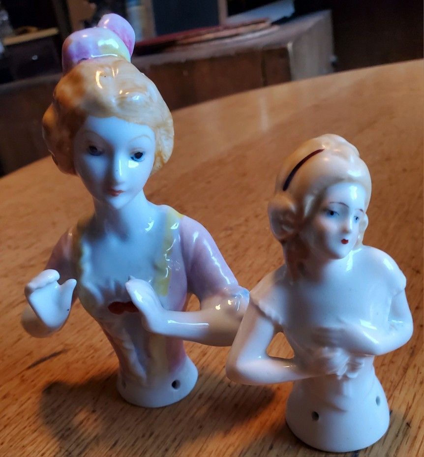 Pair Of Porcelain Pin Cushion Half Doll-Victorian Ladies