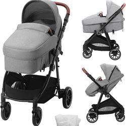 VEVOR Standard Baby Stroller, Infant Toddler Stroller with Bassinet, 3rd-Gear Adjustable Backrest & Foldable & Reversible Seat, Carbon Steel Newborn S