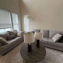 Modern Living Room Set – Sofa, Loveseat, Coffee Table + Lamps + NEW Cushion