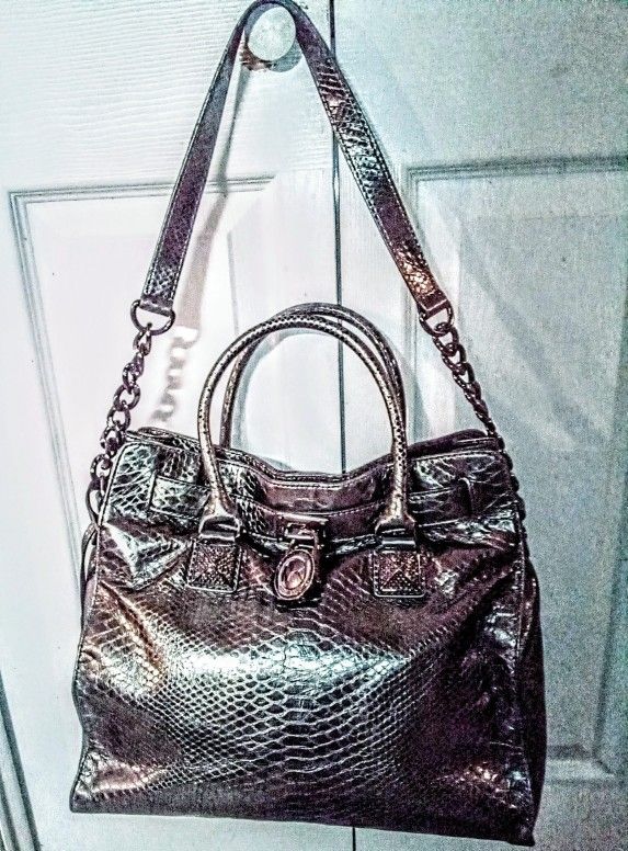 Michael Kors Saffiano Hamilton Snake Embossed Large Silver Metallica Totebag
