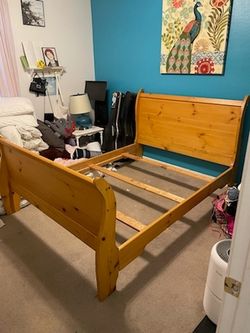 Queen Wood Sleigh Bed Frame With Slats