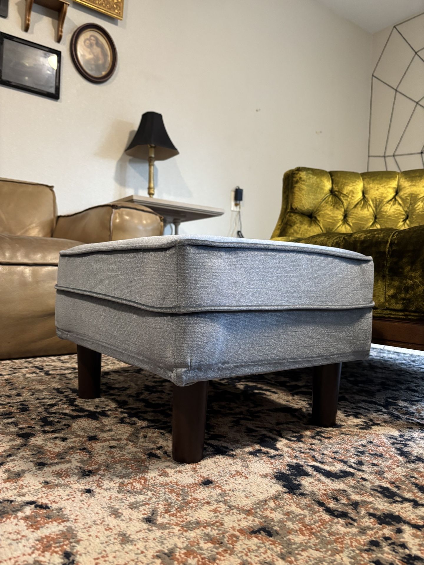 Vintage MCM Light Blue Ottoman Foot Stool •FREE DELIVERY•