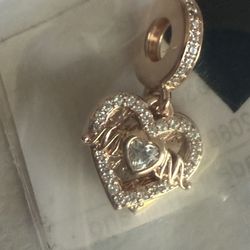 New Pandora Rose Gold Mom Double Heart Dangle Charm