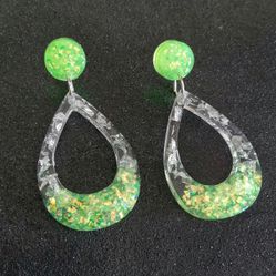 Neon yellow green iridescent glitter teardrop dangle earrings handmade resin new 