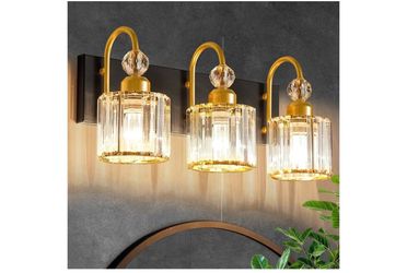 Bathroom Vanity Light Fixtures Over Mirror, Makeup Lighting for Modern Wall, Bath, Desk, Farmhouse, Hallway, 3 Crystal Lights, Black Gold