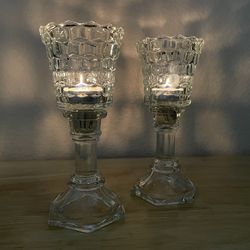 Antique Fostoria American Cubist Crystal Glass Candleholders